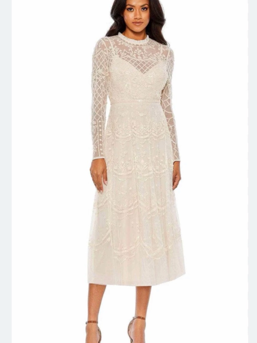 Mac Duggal 9142 Ivory Beaded sequins Long-Sleeve embroidered mesh midi dress